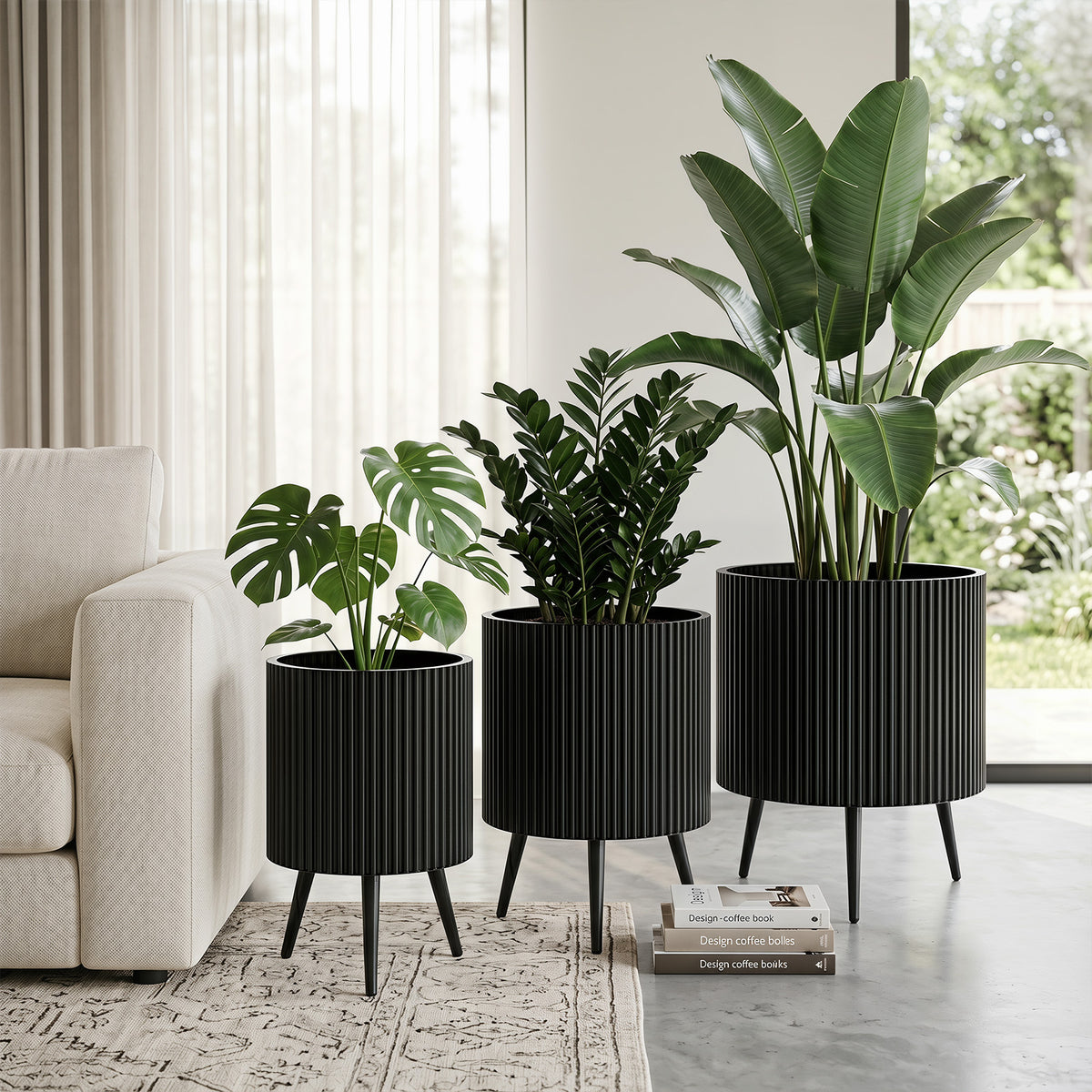 35/42/49.5cm Plant Pot with Stand, Mid-Century Modern Fluted Planter