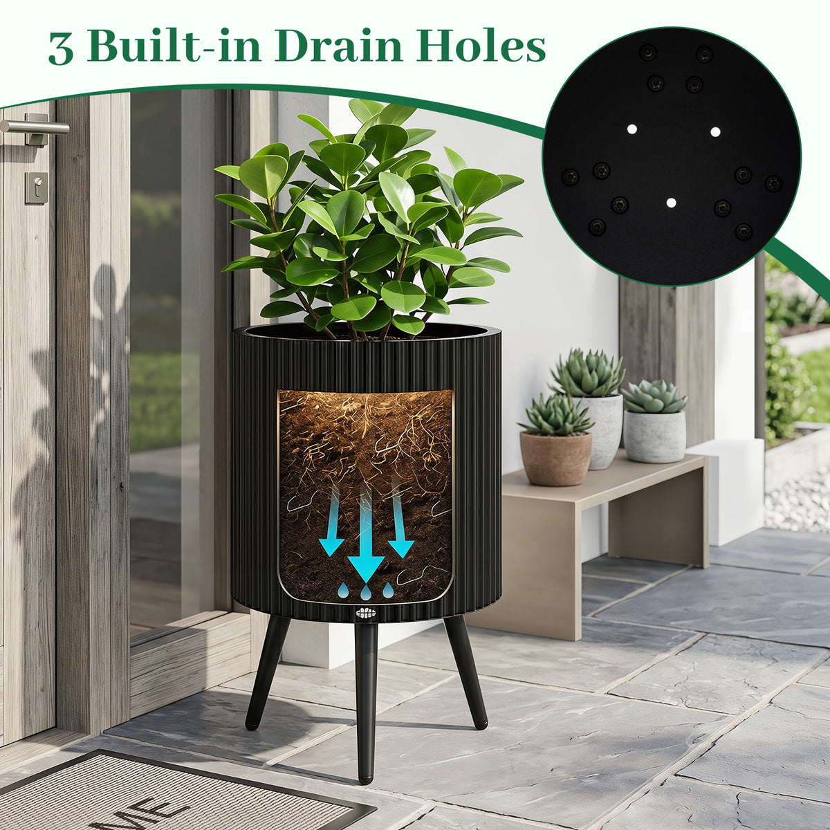 35/42/49.5cm Plant Pot with Stand, Mid-Century Modern Fluted Planter