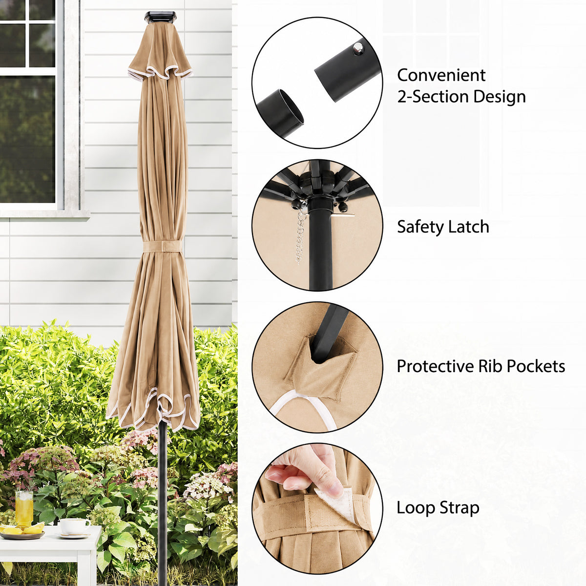 3m Solar Patio Umbrella with 24 LED Lights Vented Top and Ruffles