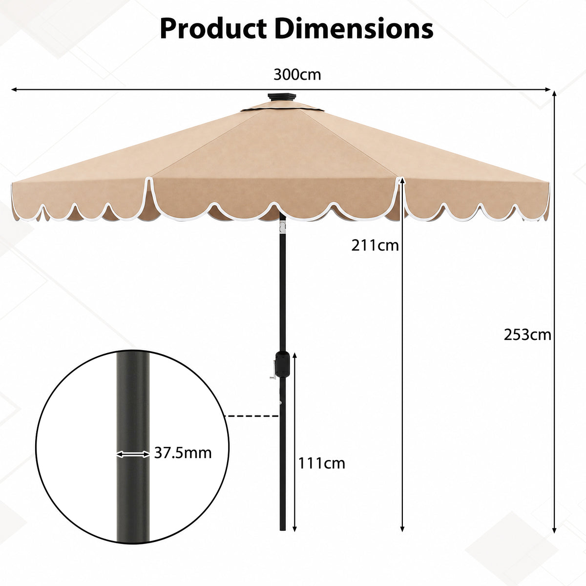 3m Solar Patio Umbrella with 24 LED Lights Vented Top and Ruffles