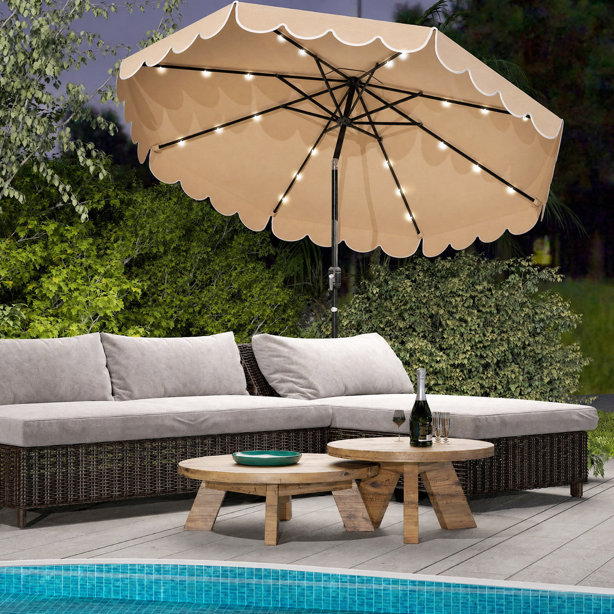 3m Solar Patio Umbrella with 24 LED Lights Vented Top and Ruffles