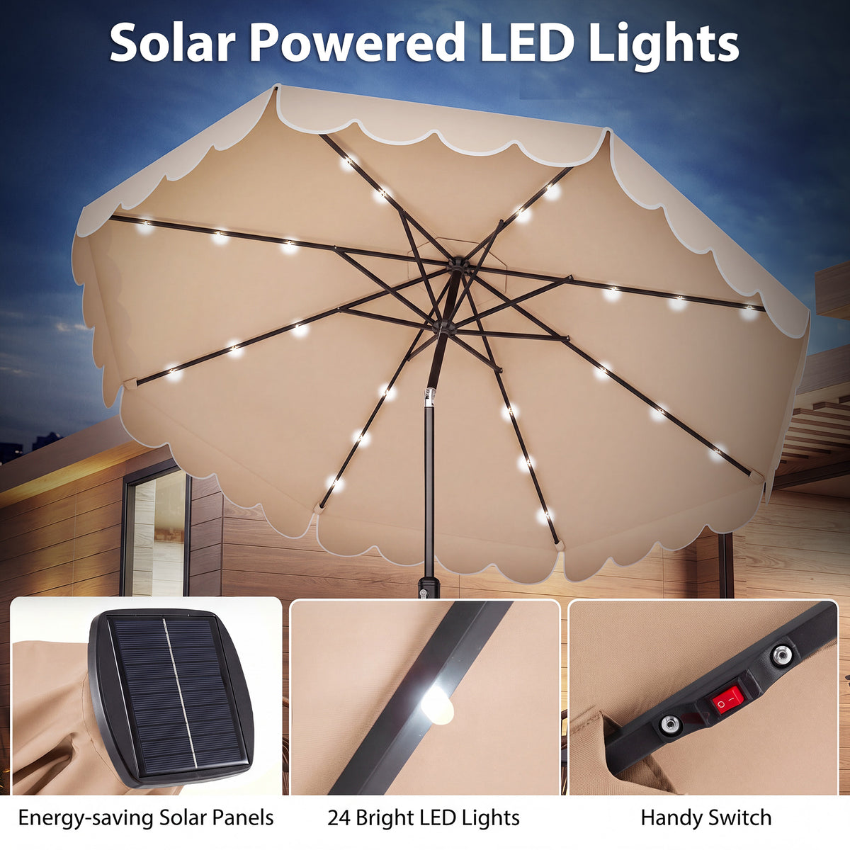 3m Solar Patio Umbrella with 24 LED Lights Vented Top and Ruffles