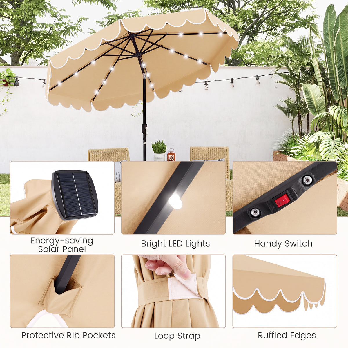 2.8M Solar Patio Umbrella with 24 LED Lights