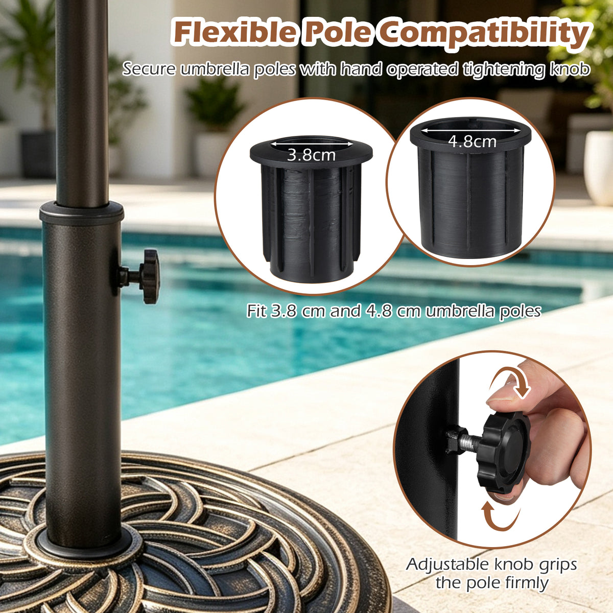 Round Umbrella Base with Adjustable Knob and Resin Material for Outdoor Use
