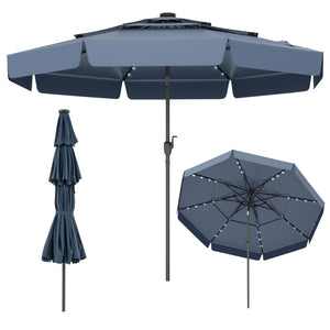 3m Solar Patio Umbrella w/ 32 LED Lights 3-Tier Vented Top Tilt Adjustment Beach