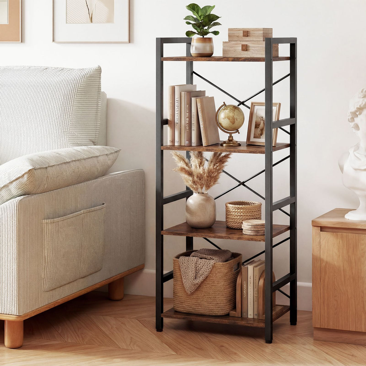 Narrow Bookshelf 4-Tier with Heavy Duty Metal Frame and Open Shelves