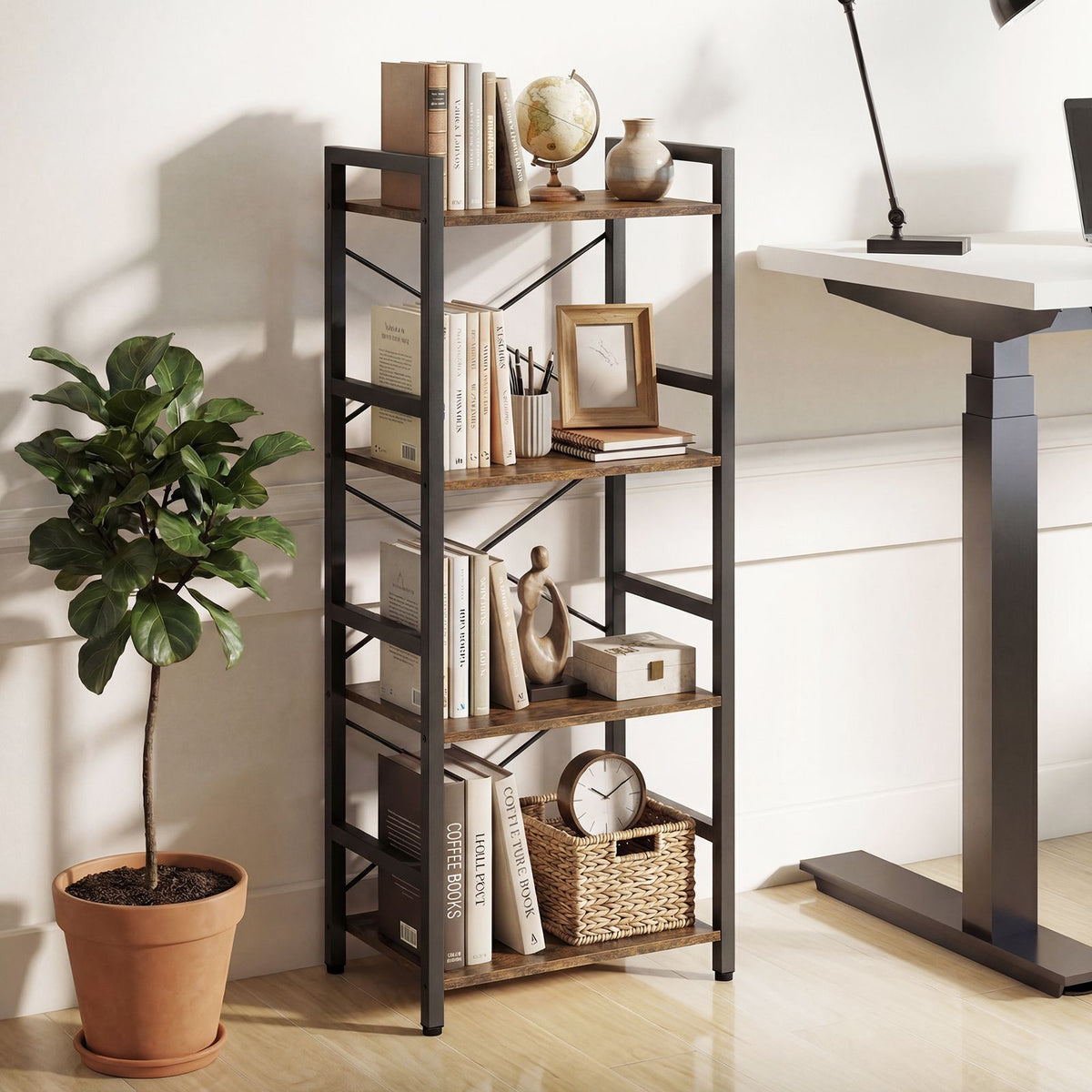 Narrow Bookshelf 4-Tier with Heavy Duty Metal Frame and Open Shelves