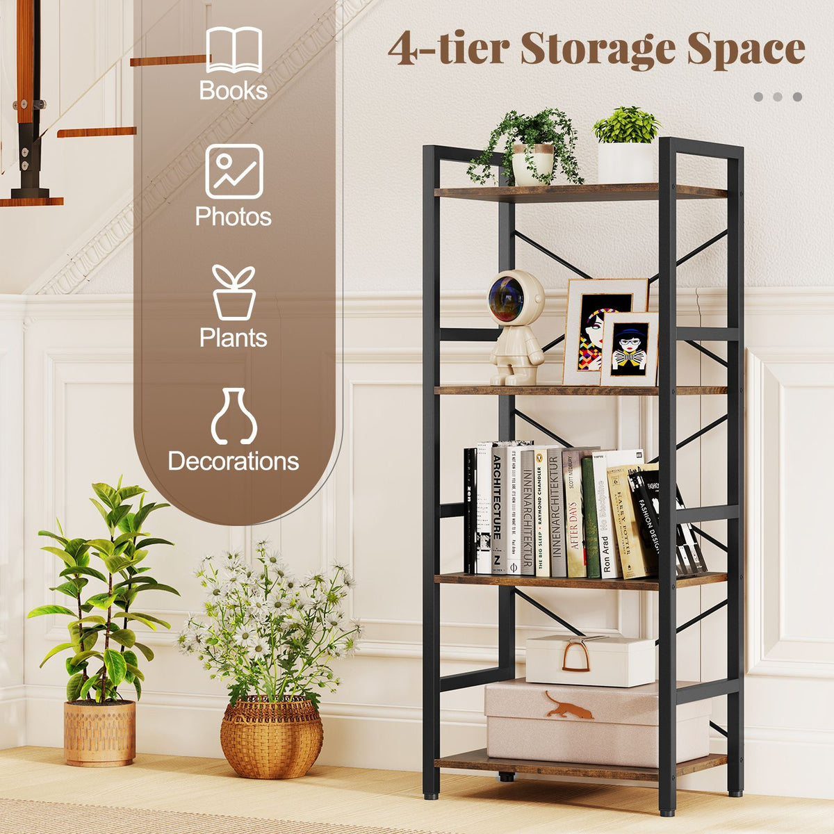 Narrow Bookshelf 4-Tier with Heavy Duty Metal Frame and Open Shelves