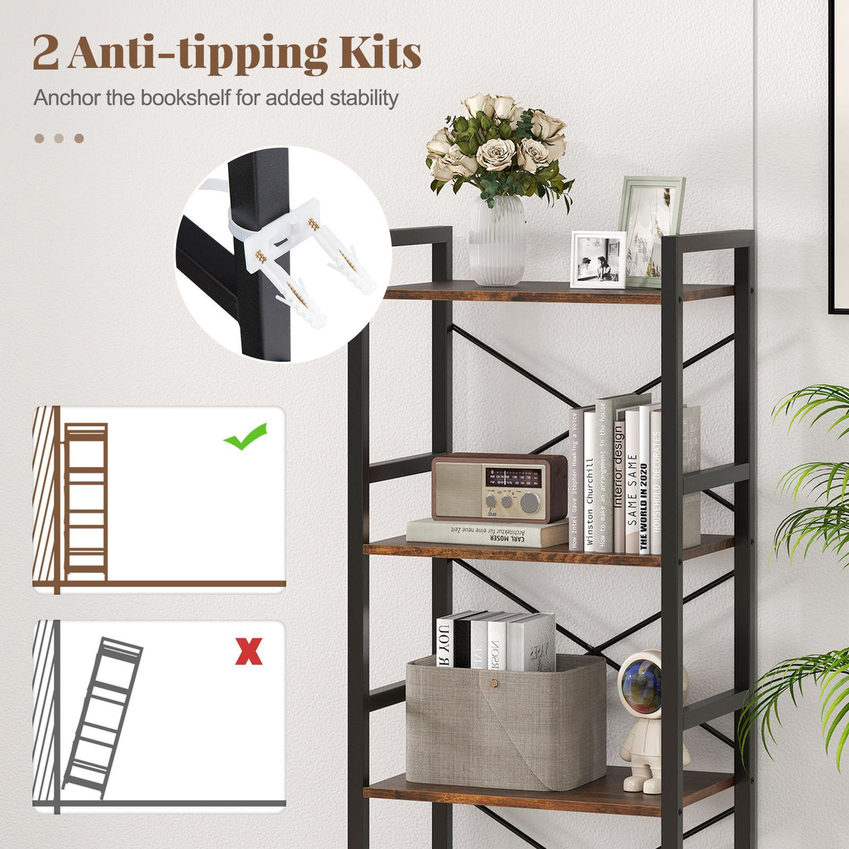 Narrow Bookshelf 4-Tier with Heavy Duty Metal Frame and Open Shelves