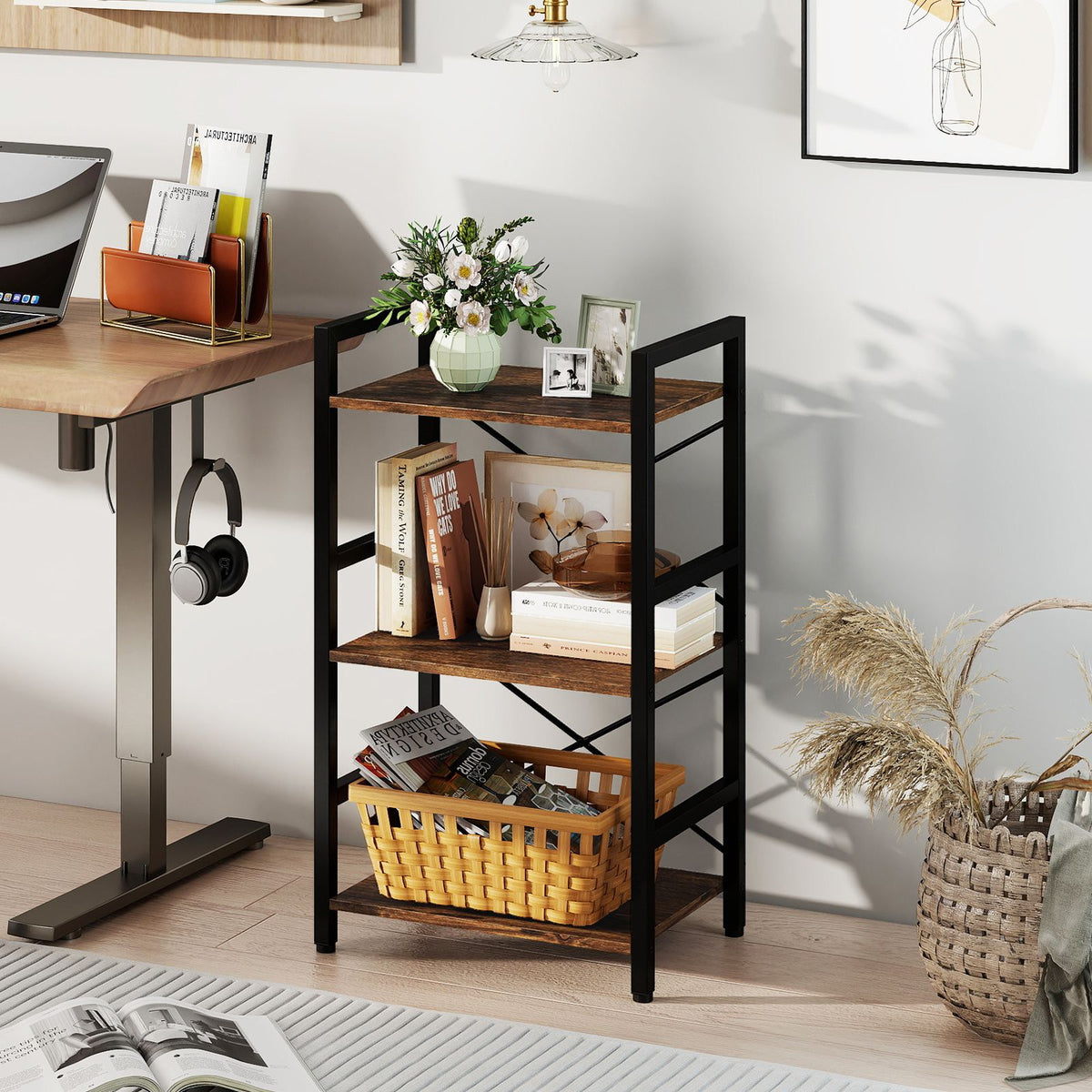 Narrow Freestanding Display Shelf Industrial Bookcase for Office Home