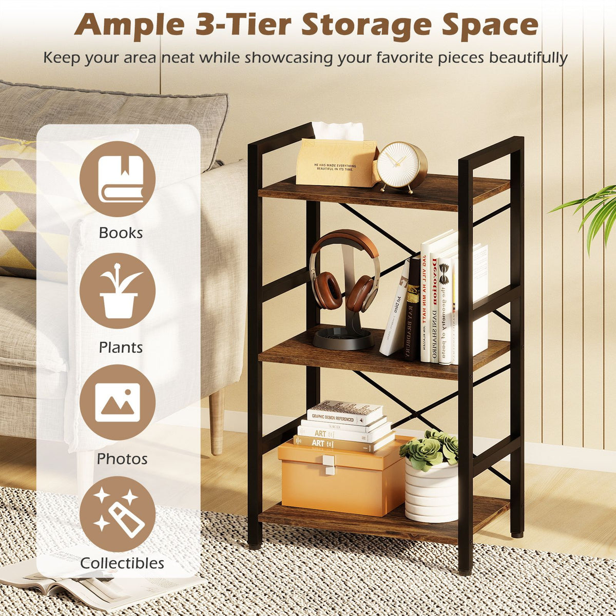 Narrow Freestanding Display Shelf Industrial Bookcase for Office Home