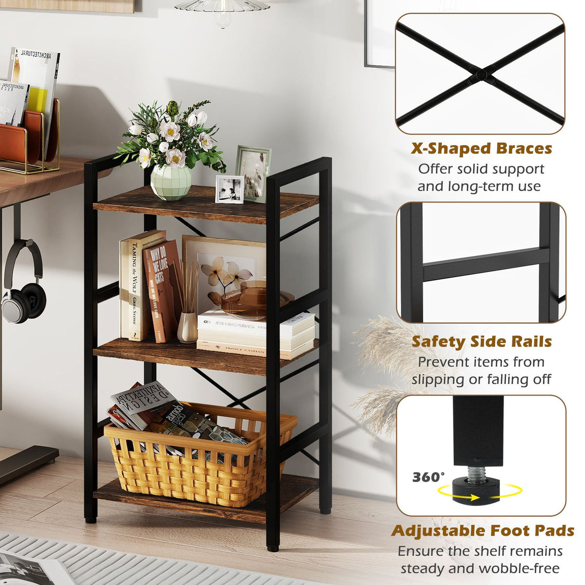 Narrow Freestanding Display Shelf Industrial Bookcase for Office Home