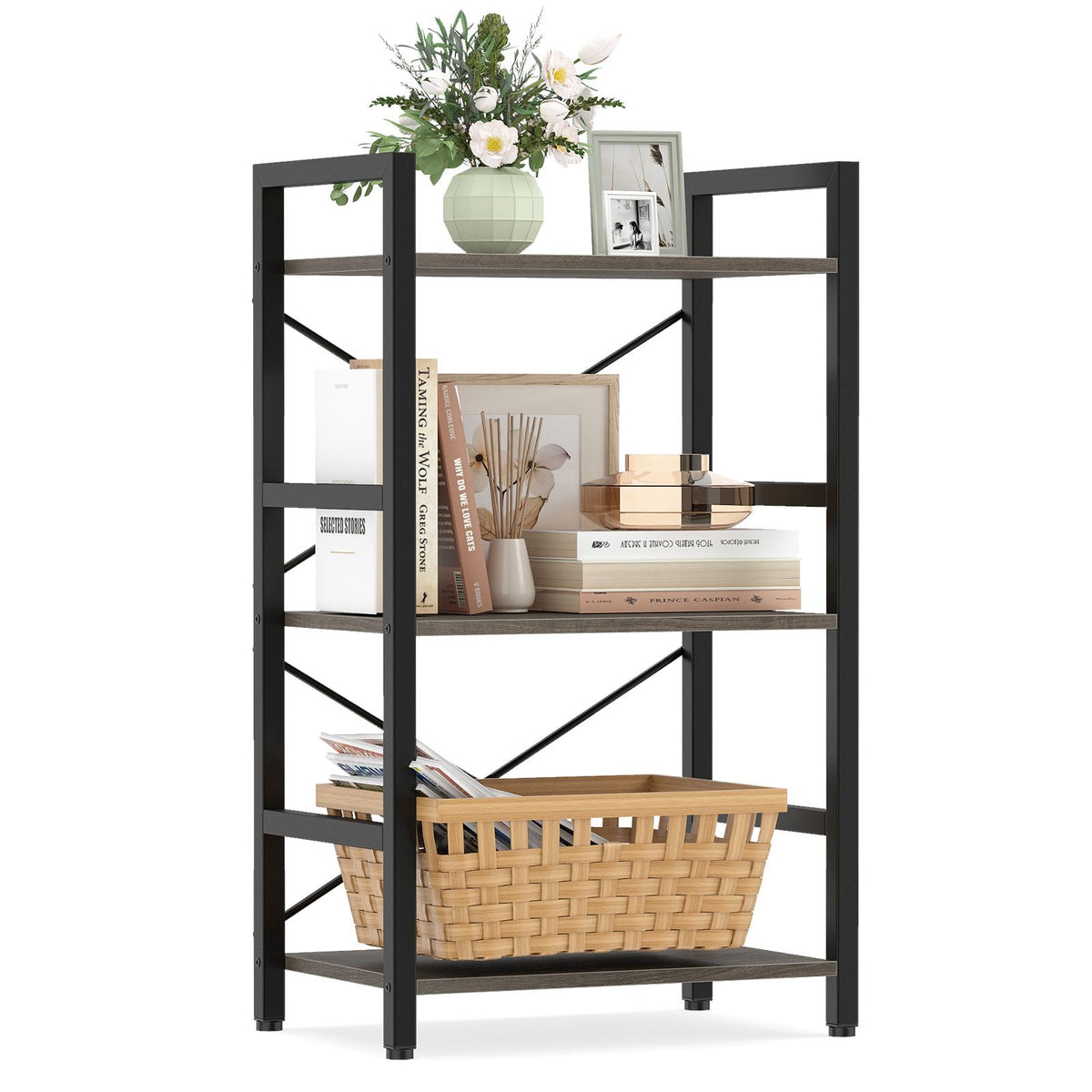 Narrow Freestanding Display Shelf Industrial Bookcase for Office Home