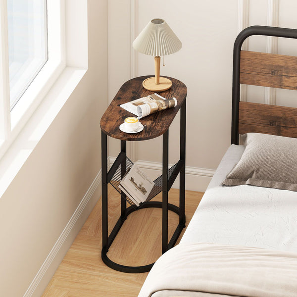 Narrow Side Table 2-Tier Oval End Table with Magazine Holder