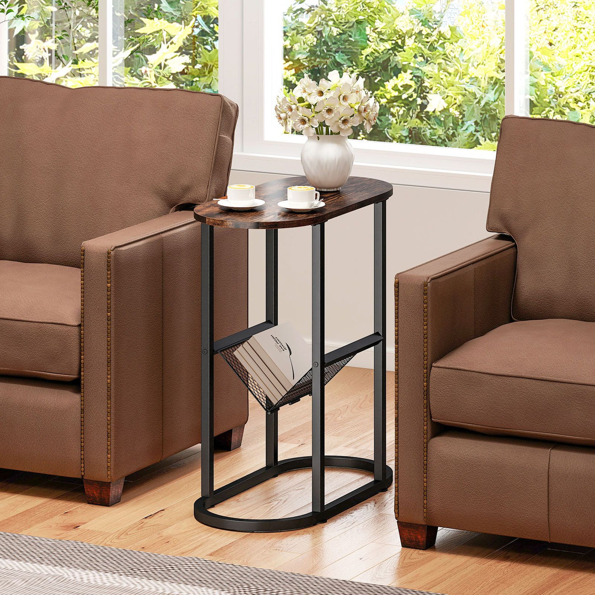 Narrow Side Table 2-Tier Oval End Table with Magazine Holder