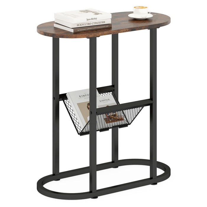 Narrow Side Table 2-Tier Oval End Table with Magazine Holder