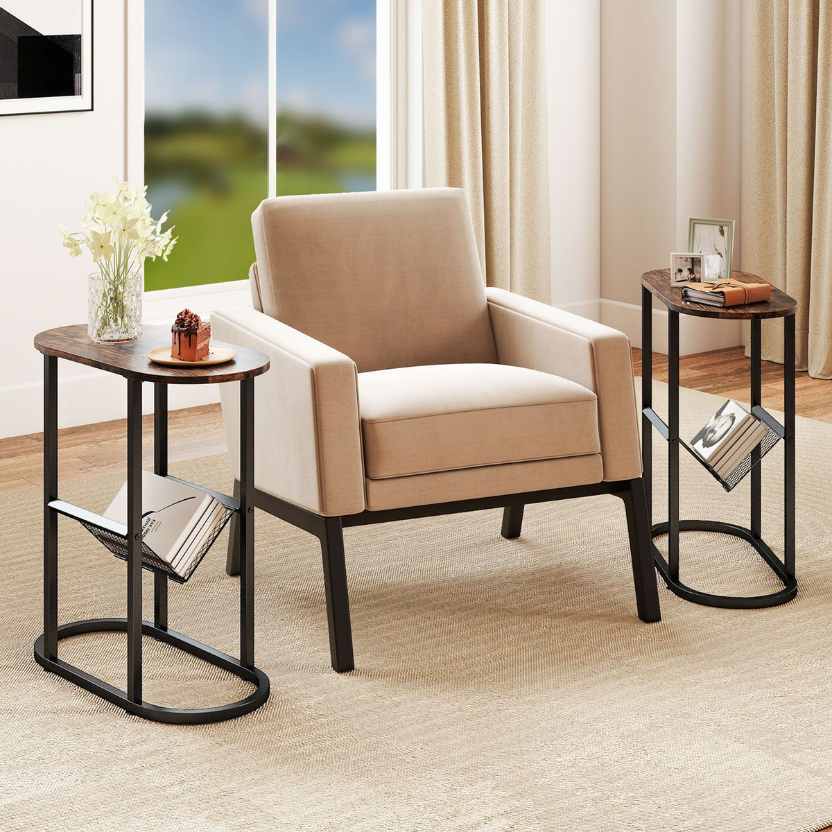 Narrow Side Table 2-Tier Oval End Table with Magazine Holder