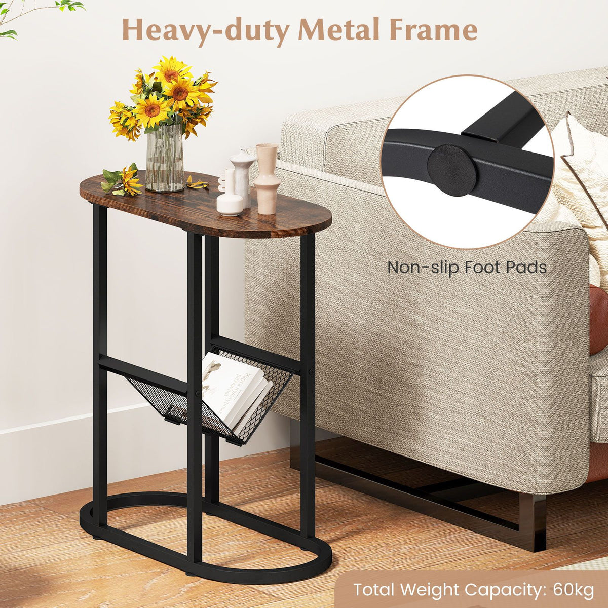 Narrow Side Table 2-Tier Oval End Table with Magazine Holder