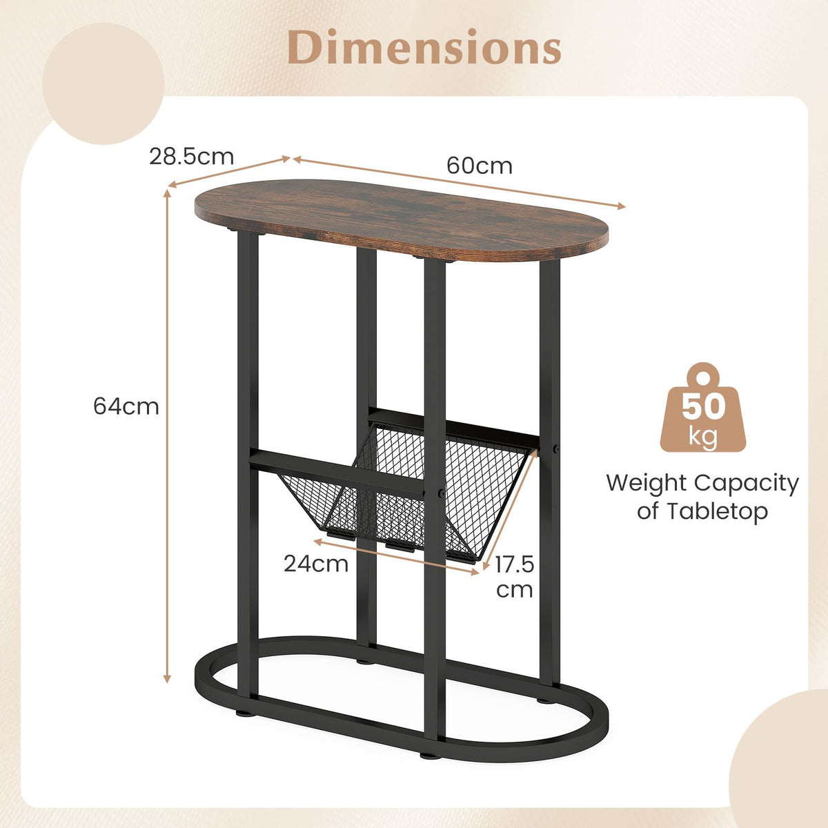 Narrow Side Table 2-Tier Oval End Table with Magazine Holder