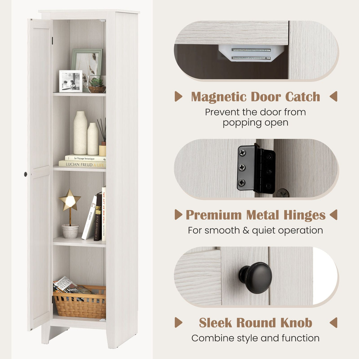 183cm Tall Narrow Storage Cabinet with 4 Shelves and Single Door