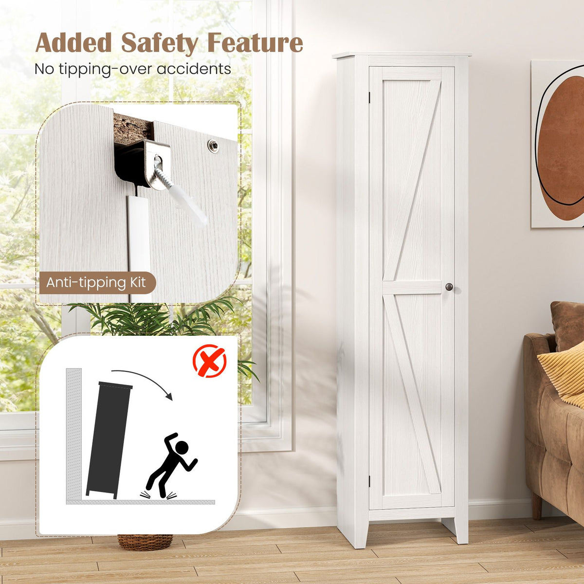183cm Tall Narrow Storage Cabinet with 4 Shelves and Single Door