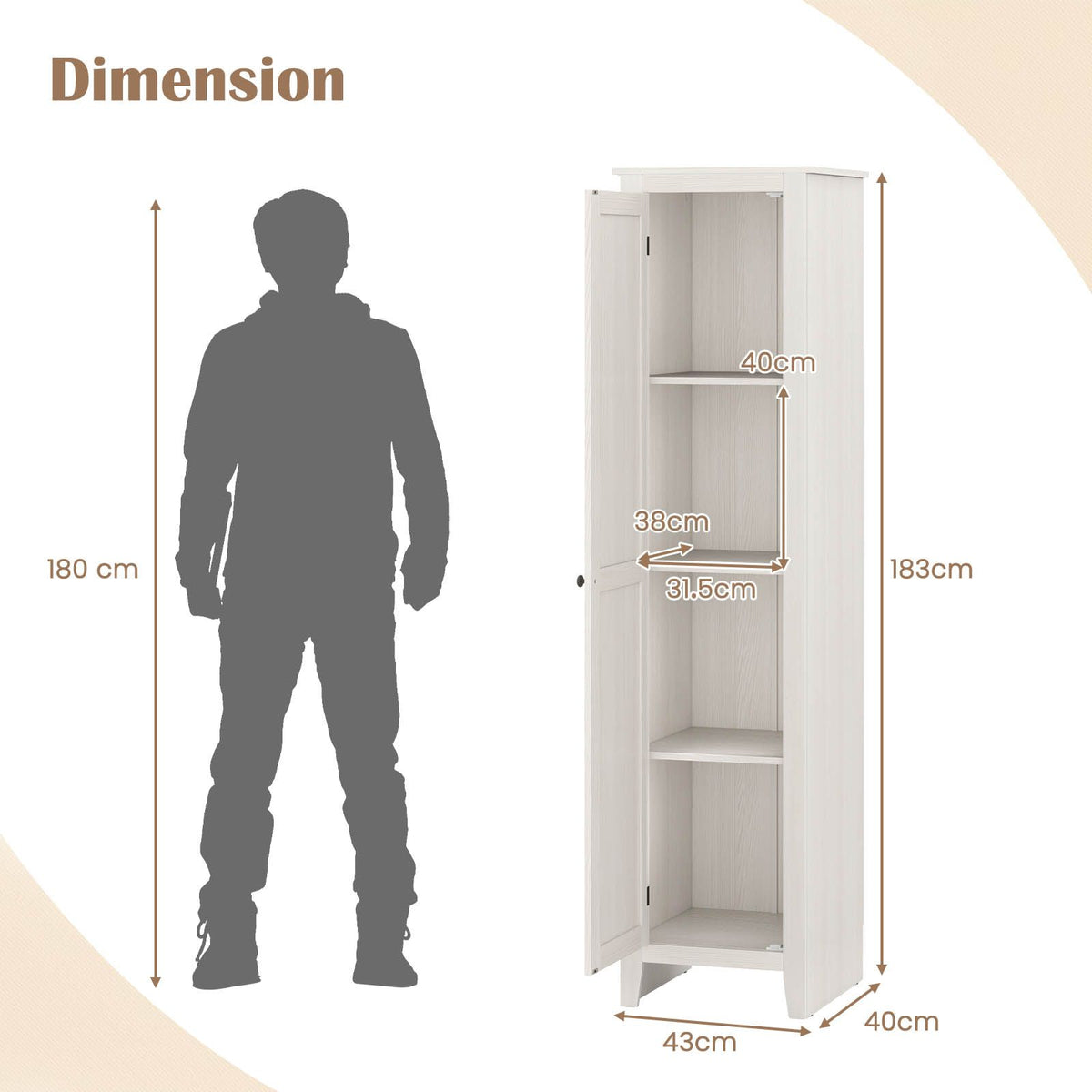 183cm Tall Narrow Storage Cabinet with 4 Shelves and Single Door
