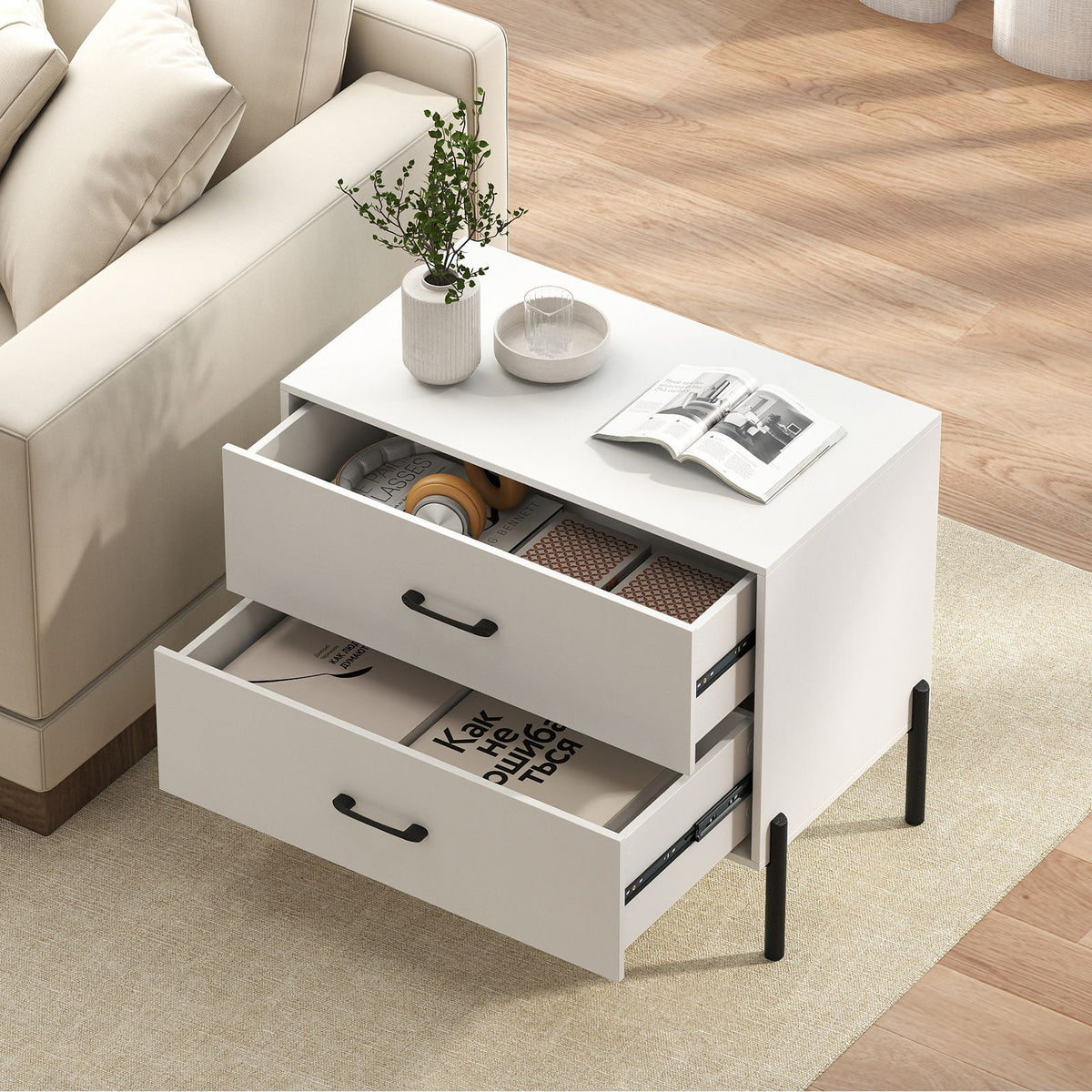 Nightstand with 2 Removable Drawers and Heavy Duty Metal Legs for Living Room and Bedroom
