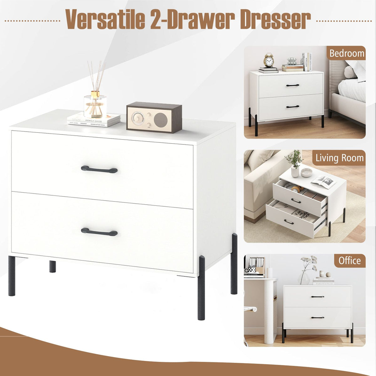 Nightstand with 2 Removable Drawers and Heavy Duty Metal Legs for Living Room and Bedroom