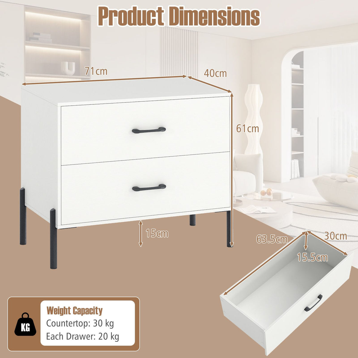 Nightstand with 2 Removable Drawers and Heavy Duty Metal Legs for Living Room and Bedroom