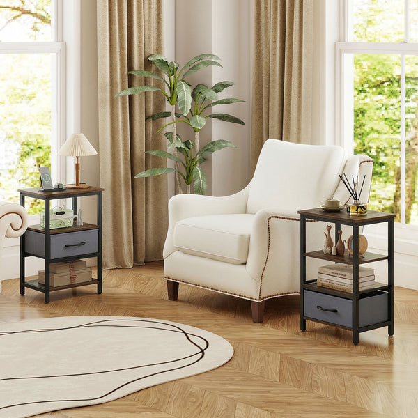 Nightstand with Charging Station Bedside Table with Fabric Drawer