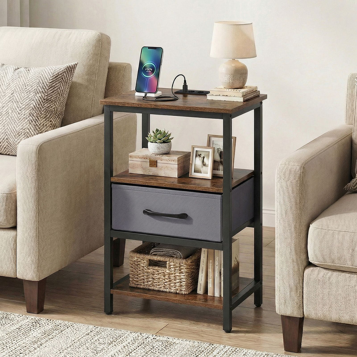 Nightstand with Charging Station Bedside Table with Fabric Drawer