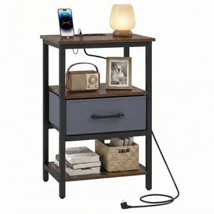 Nightstand with Charging Station Bedside Table with Fabric Drawer
