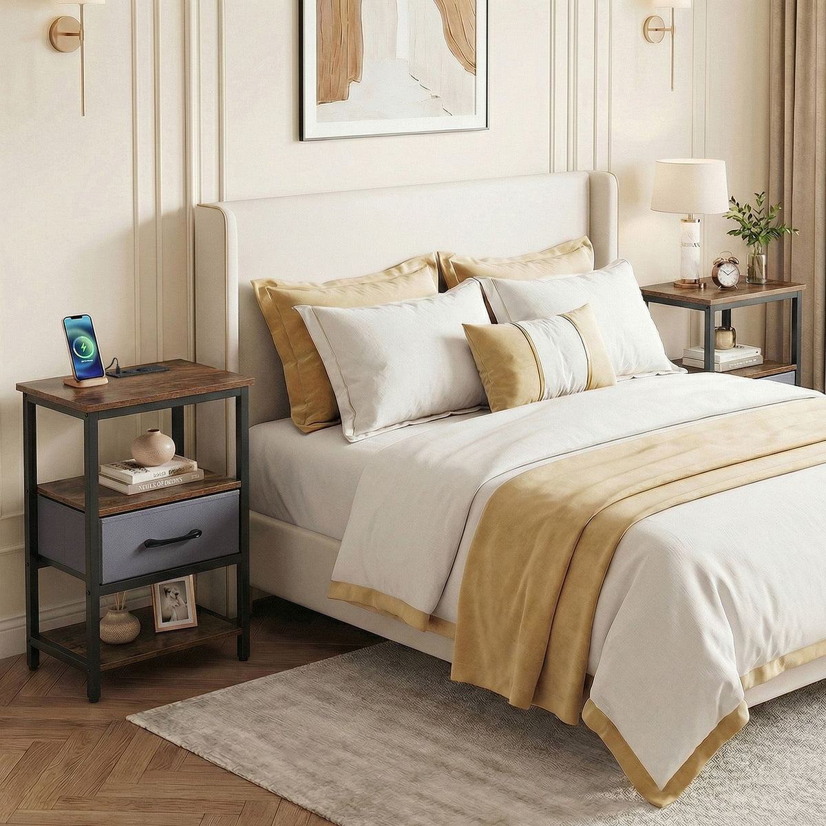 Nightstand with Charging Station Bedside Table with Fabric Drawer