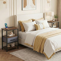 Nightstand with Charging Station Bedside Table with Fabric Drawer
