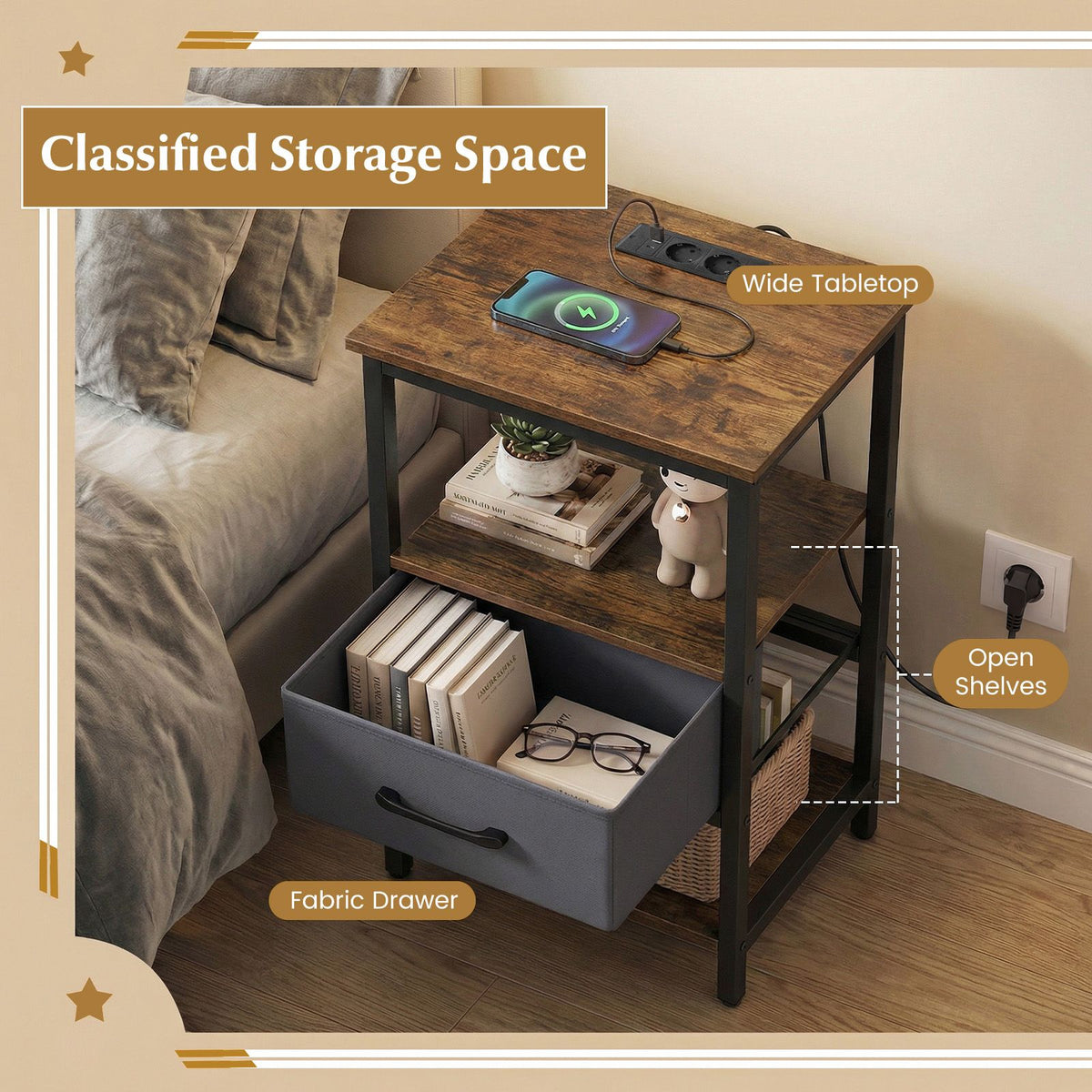 Nightstand with Charging Station Bedside Table with Fabric Drawer