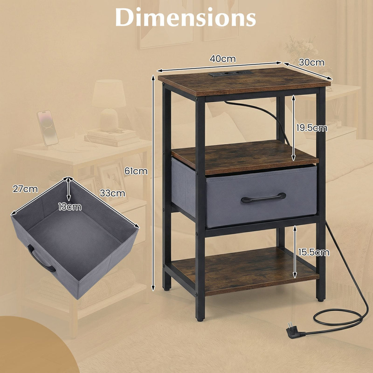 Nightstand with Charging Station Bedside Table with Fabric Drawer