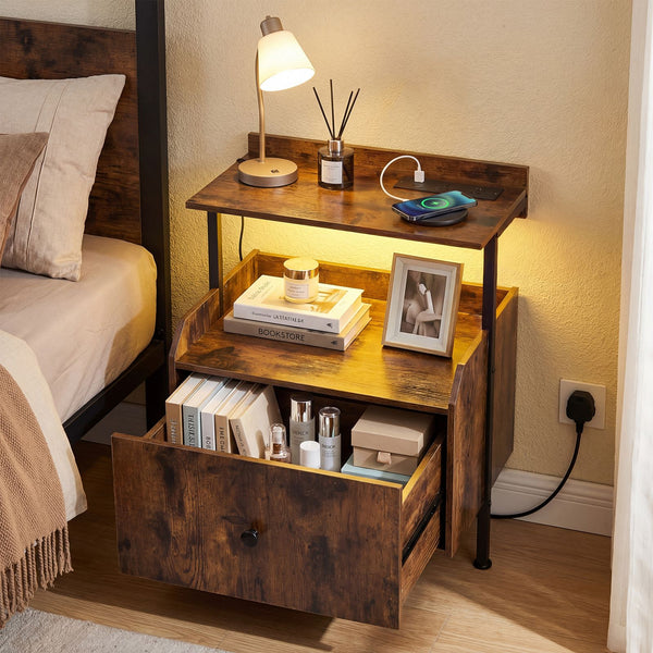 Nightstand with Charging Station and LED Light for Bedroom and Living Room