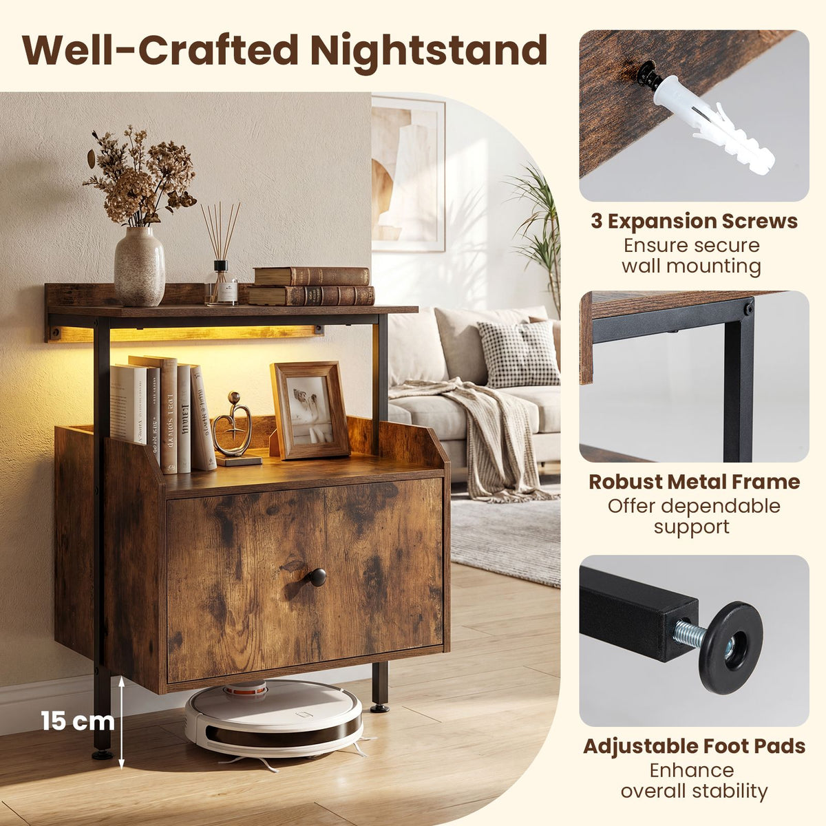 Nightstand with Charging Station and LED Light for Bedroom and Living Room