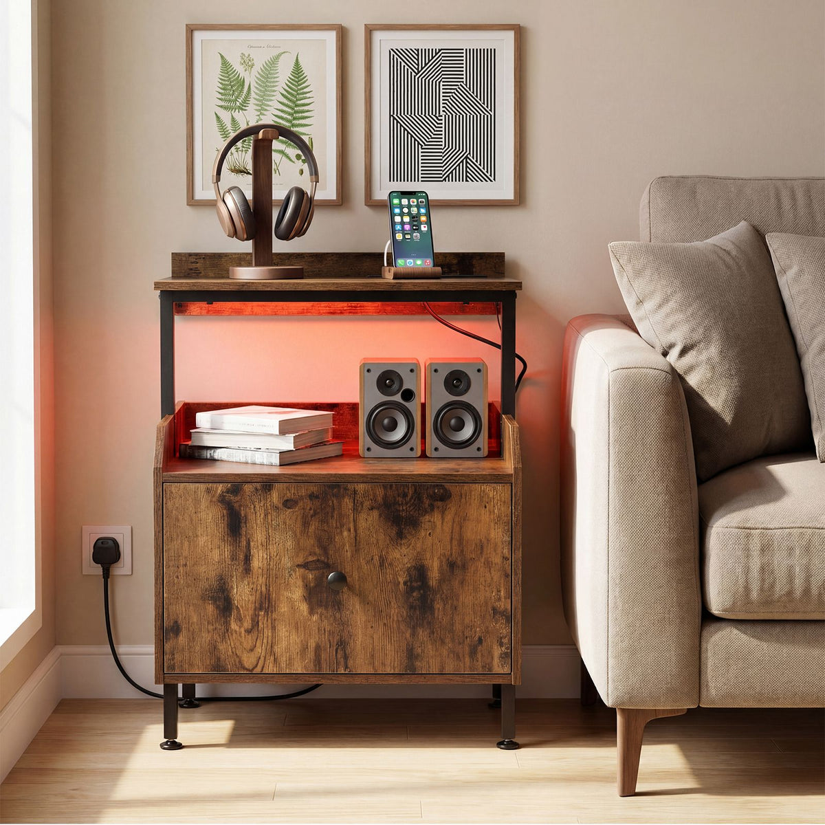 Nightstand with Charging Station and LED Light for Bedroom and Living Room