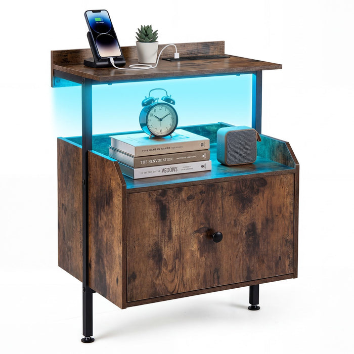 Nightstand with Charging Station and LED Light for Bedroom and Living Room