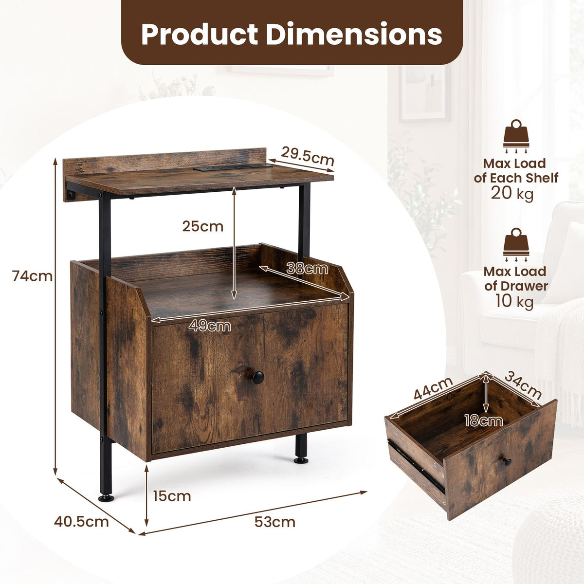 Nightstand with Charging Station and LED Light for Bedroom and Living Room