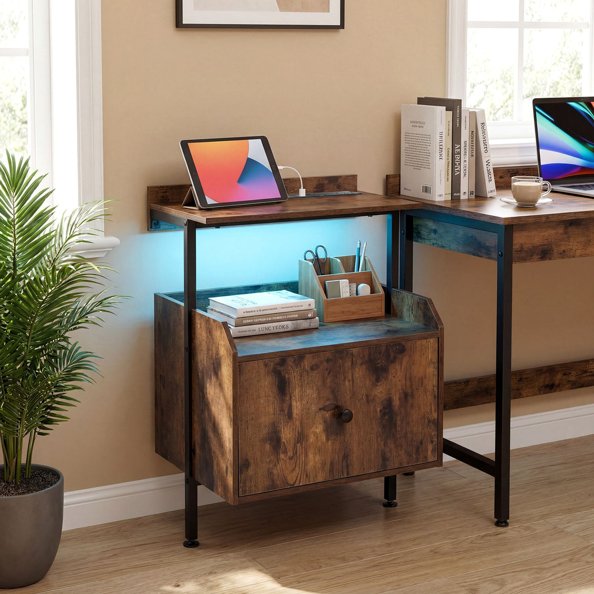 Nightstand with Charging Station and LED Light for Bedroom and Living Room