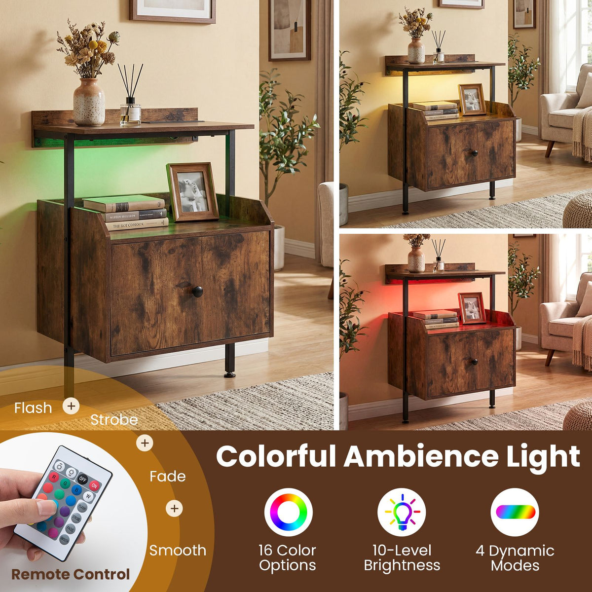 Nightstand with Charging Station and LED Light for Bedroom and Living Room