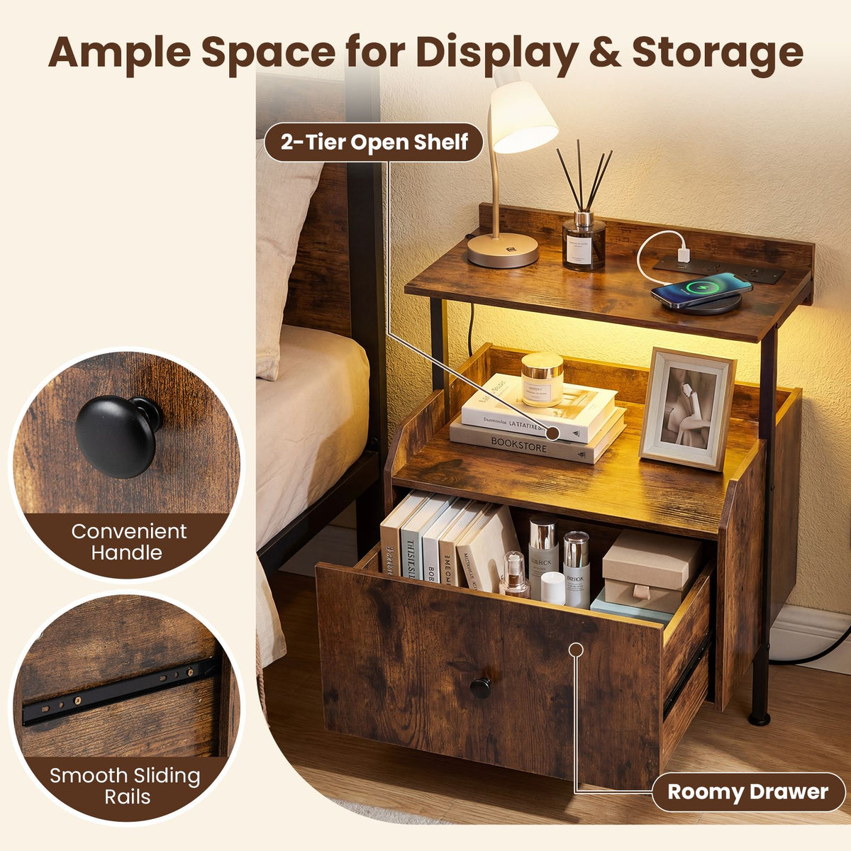 Nightstand with Charging Station and LED Light for Bedroom and Living Room