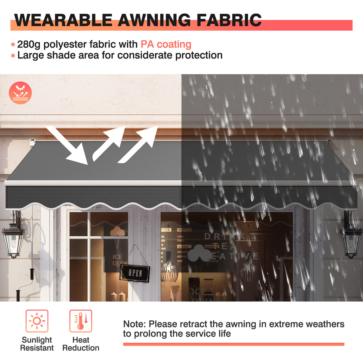 2.5 x 2.95M Retractable Awning, Sun Shade Shelter w/Easy Opening Manual Crank Handle