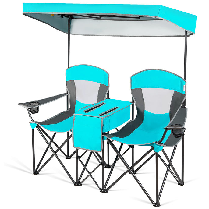 Double Folding Canopy Chair, Outdoor 2-Person Camping Seat with Adjustable Sun Shade
