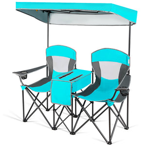 Double Folding Canopy Chair, Outdoor 2-Person Camping Seat with Adjustable Sun Shade