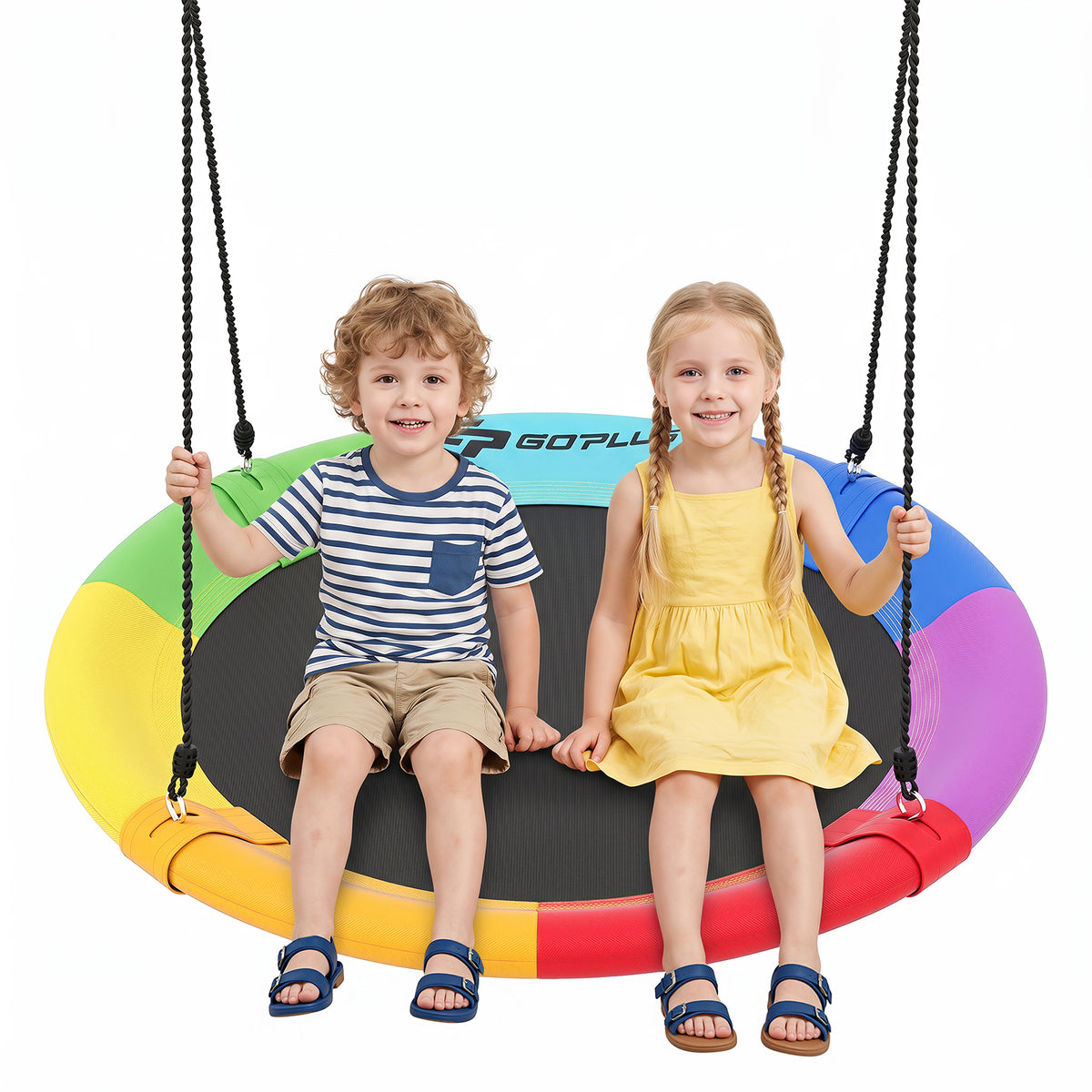 102CM Kids Tree Swing Saucer, Strengthen Hanging Tree Swing w/ Multi-ply Rope & 2 Tree Hanging Straps(Strengthen Colorful)