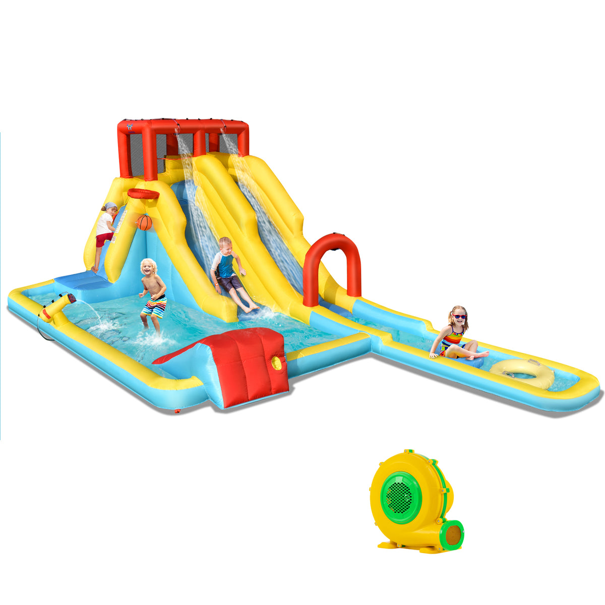 Inflatable Water Slide, 7-in-1 Double Long Slide Inflatable Water Park w/Climbing Wall