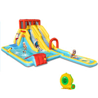 Inflatable Water Slide, 7-in-1 Double Long Slide Inflatable Water Park w/Climbing Wall